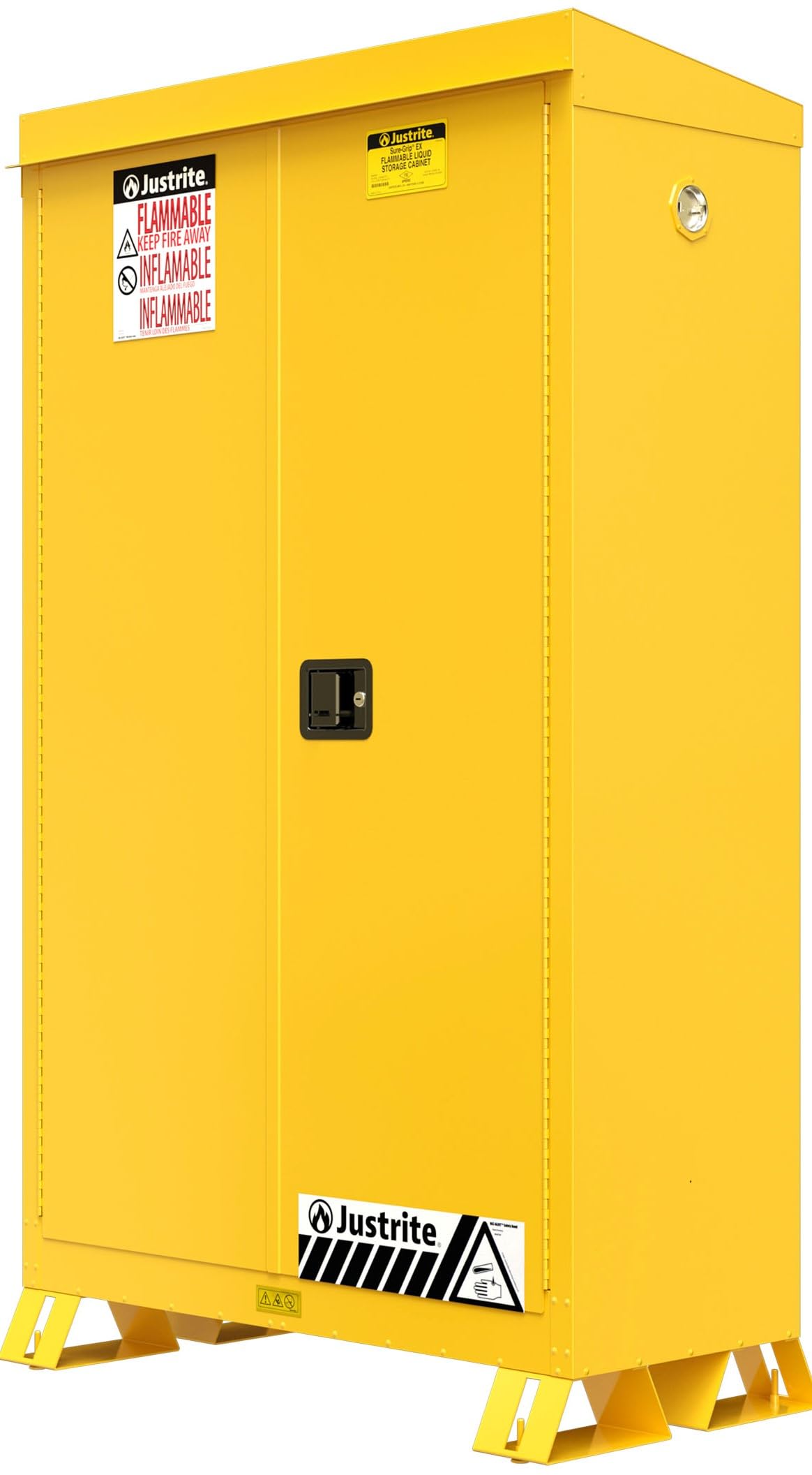 Justrite Outdoor Reinforced Steel Flammable Liquid Storage Cabinet, 2 Shelves with 350 lb. Capacity, 2 Self-Close Door Fire Cabinet, 45 Gallon, 65"x 43"x 18", Made in The USA, Yellow, 814520