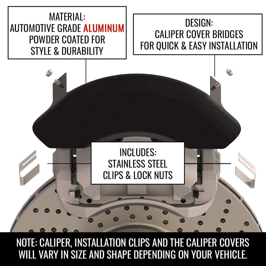 Caliper Covers MGP 14244SBOWBK Set of 4 Caliper Covers, Engraved Front and Rear: Bowtie, Black Powder Coat Finish, Silver Characters.
