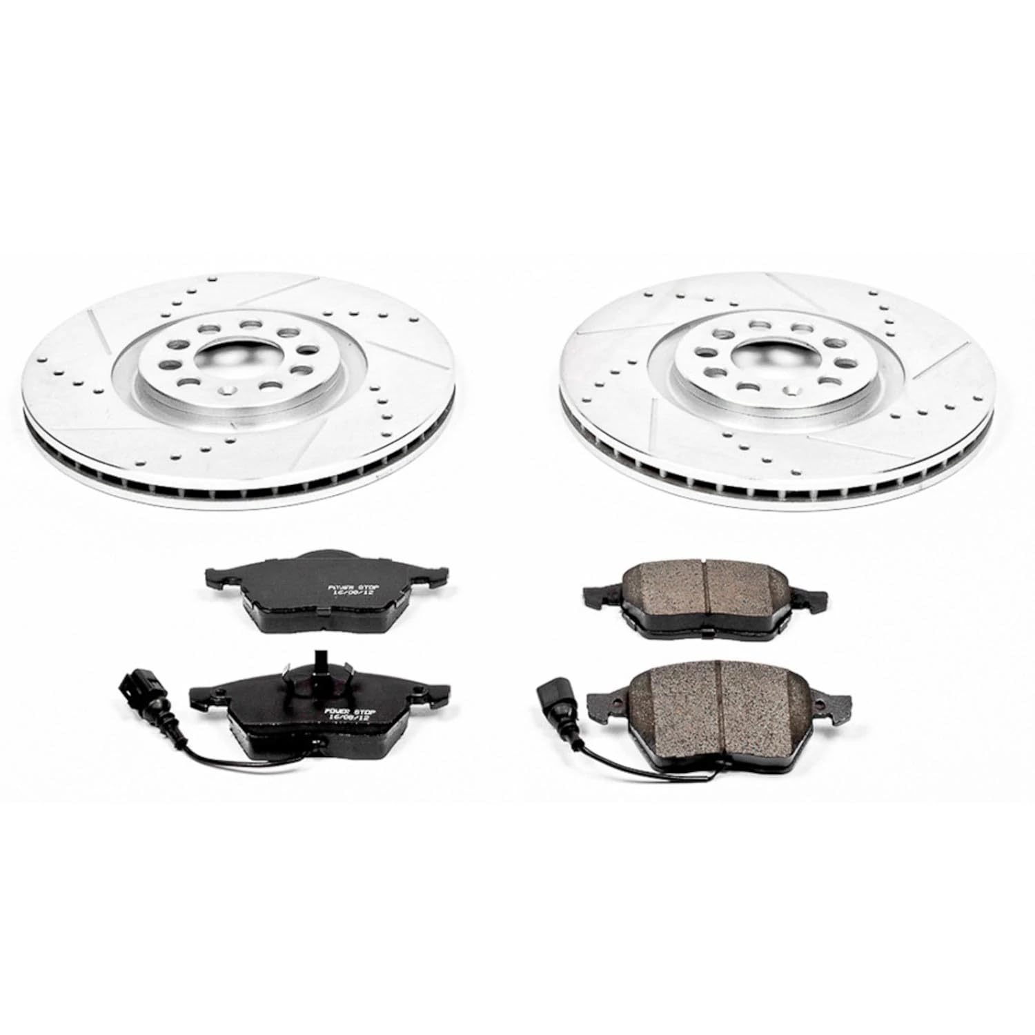 Z23 Power Stop K914 Front Carbon Fiber Brake Pads with Drilled & Slotted Brake Rotors Kit For Audi TT, Audi TT Quattro, VW Golf, VW Jetta [Model Specific]