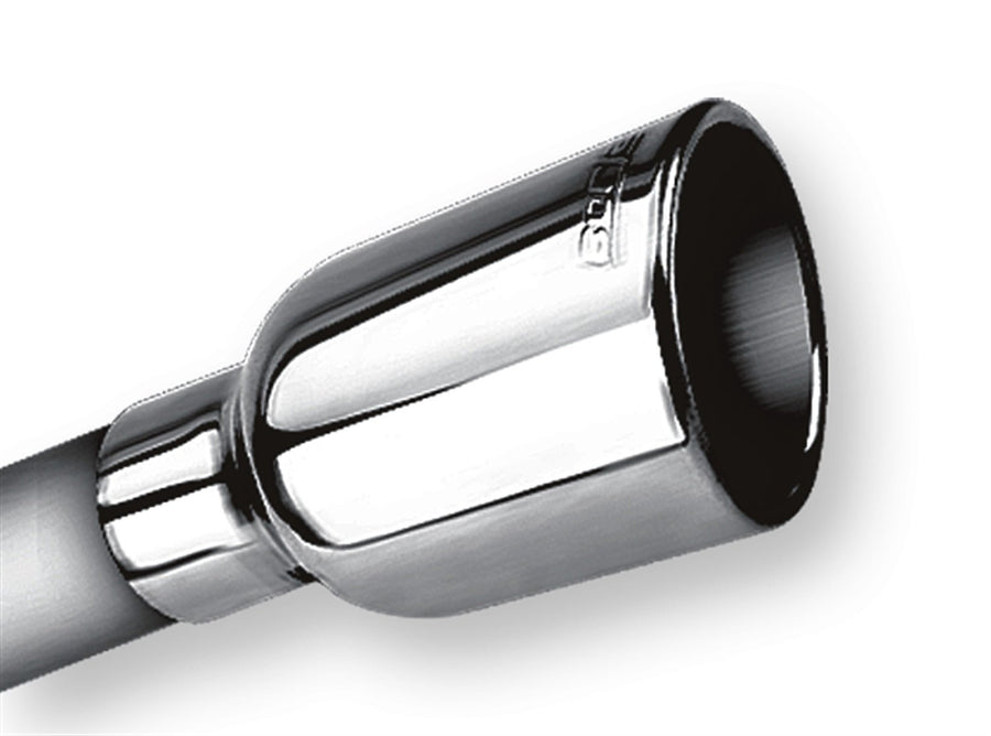 20236 BORLA Exhaust Tip 2.25" Inlet - 3.19" Single Round Rolled-Edge Angle-Cut Outlet - 5" Long Exhaust Tip Embossed With BORLA Logo. Weld On Mounting Method.