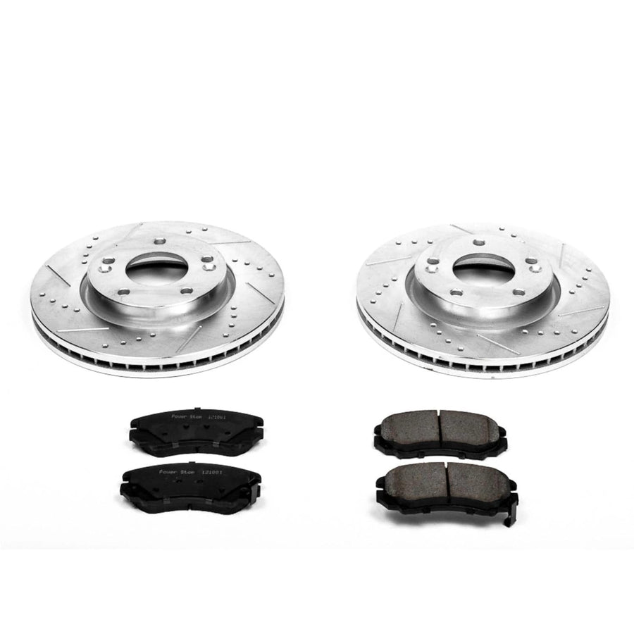 Power Stop K165 Z23 Front Carbon Fiber Brake Pads with Drilled and Slotted Brake Rotors Kit For Sonata Tiburon Tucson | Optima Soul Sportage