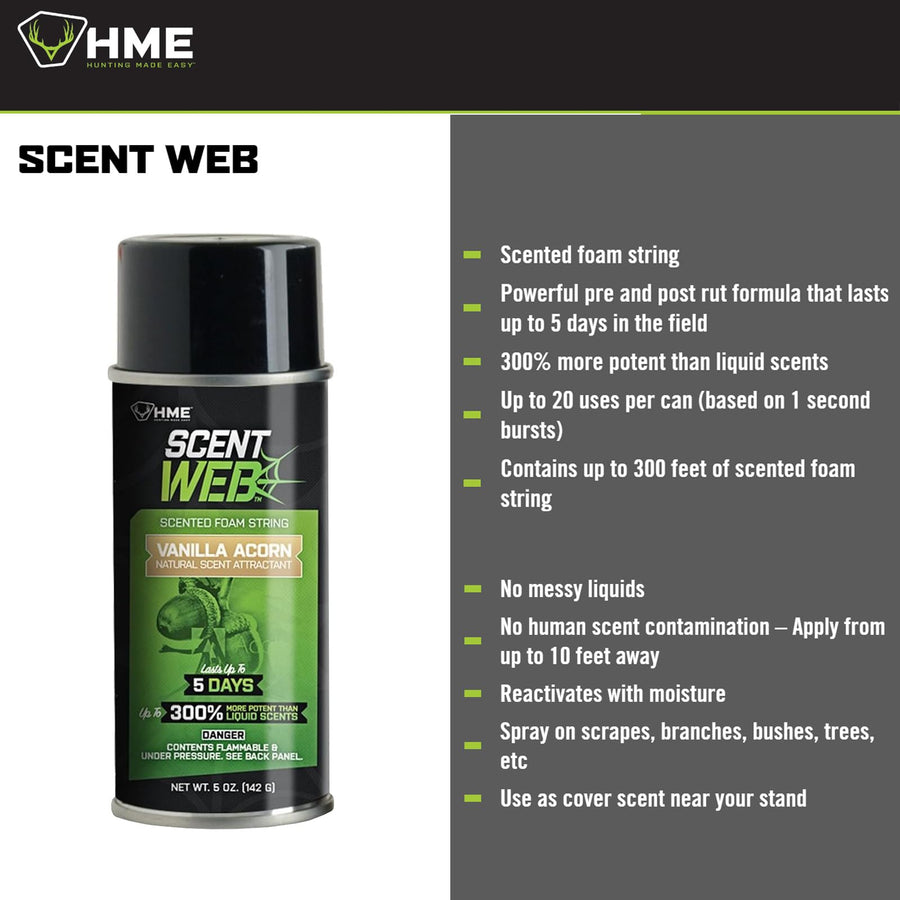 HME Scent Web, Vanilla Acorn 5oz | Long-Lasting Effective Powerful Pre/Post Rut Scented String Foam Attractant for Hunting, Archery & Wildlife Observation