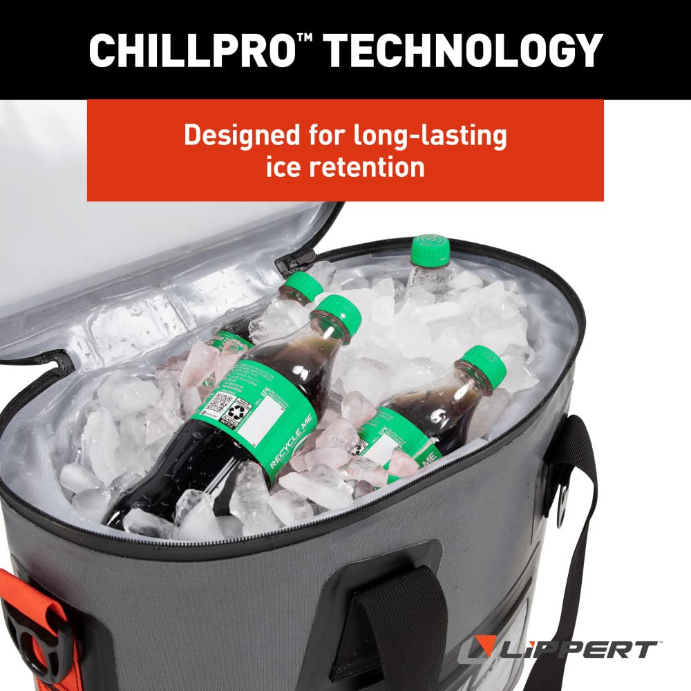 Lippert 30-Can Adventure Pro Soft Insulated Cooler Tote Bag, Up to 20 lbs. of Ice, 22-1/2 Quarts of Water, 8-1/4" x 20" x 17-1/2" Wide Mouth Opening, Padded Handle & Shoulder Strap - 2021099913