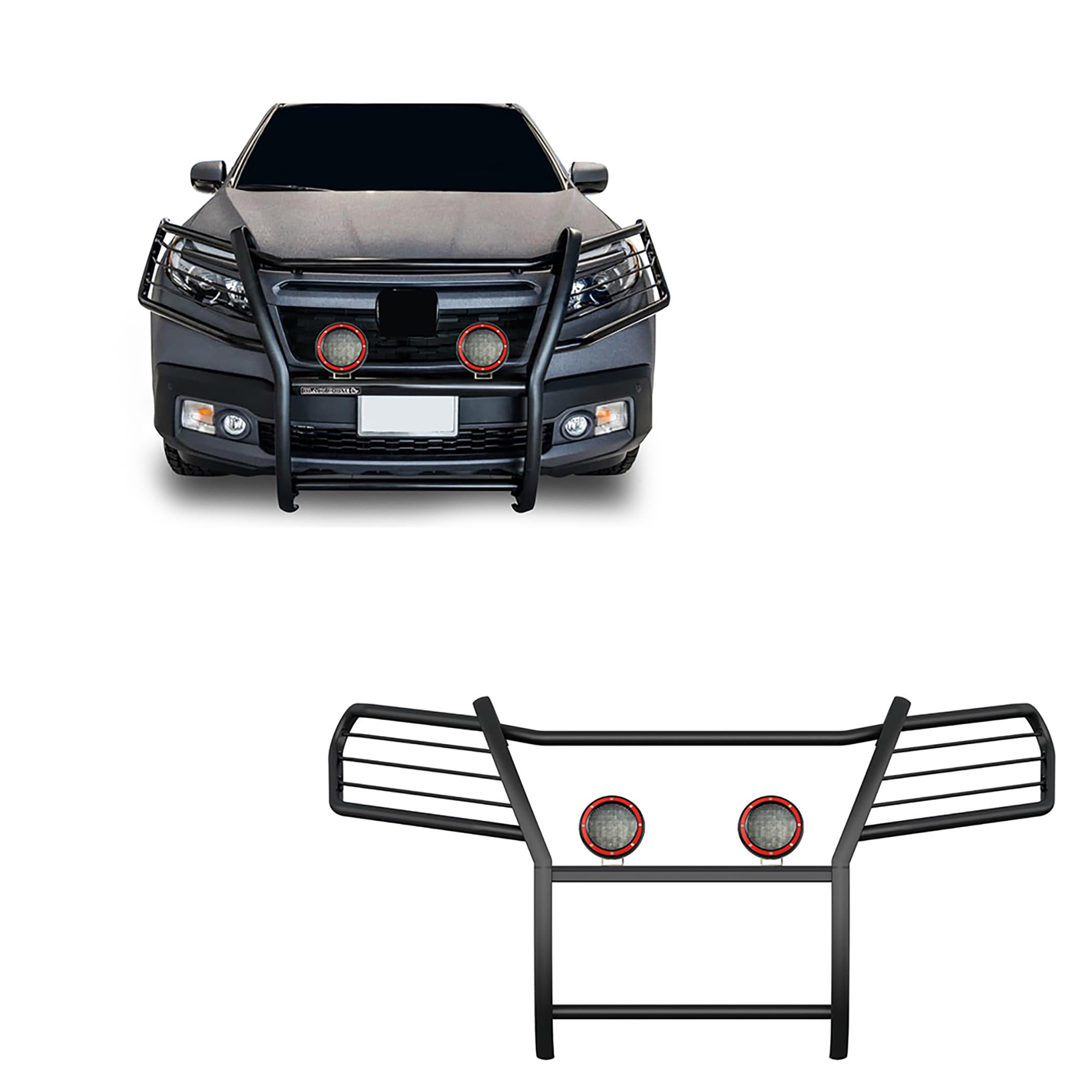Bumper Guard Black Horse Grille brush Modular Come With Pair of 5.3" Dia.LED Lights with Red Trim Rings Compatible with 2016-2019 Honda Ridgeline-17H01MA-PLFR