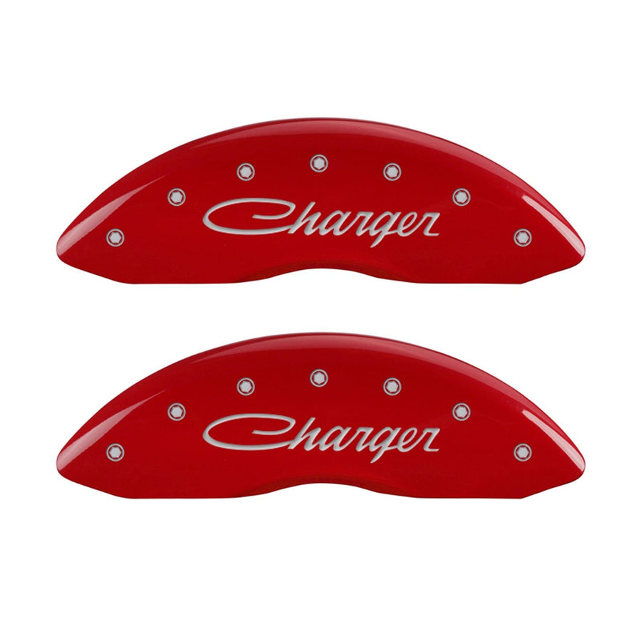 MGP Caliper Covers with Compatible 2011-2023 Dodge Charger and Challenger (Requires 18"+ Wheels & Single Piston Front Caliper) 4 PCS Front and Rear (Red - Charger Cursive Engraving)