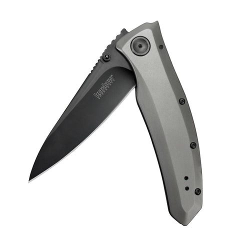 Kershaw Pocketknife Grid, 3.7" 8Cr13MoV Steel Drop Point Plain Edge Blade, Assisted One-Handed Flipper or Thumb Stud Opening, Frame Lock EDC,Grey/Black