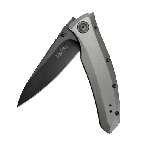 Kershaw Pocketknife Grid, 3.7" 8Cr13MoV Steel Drop Point Plain Edge Blade, Assisted One-Handed Flipper or Thumb Stud Opening, Frame Lock EDC,Grey/Black