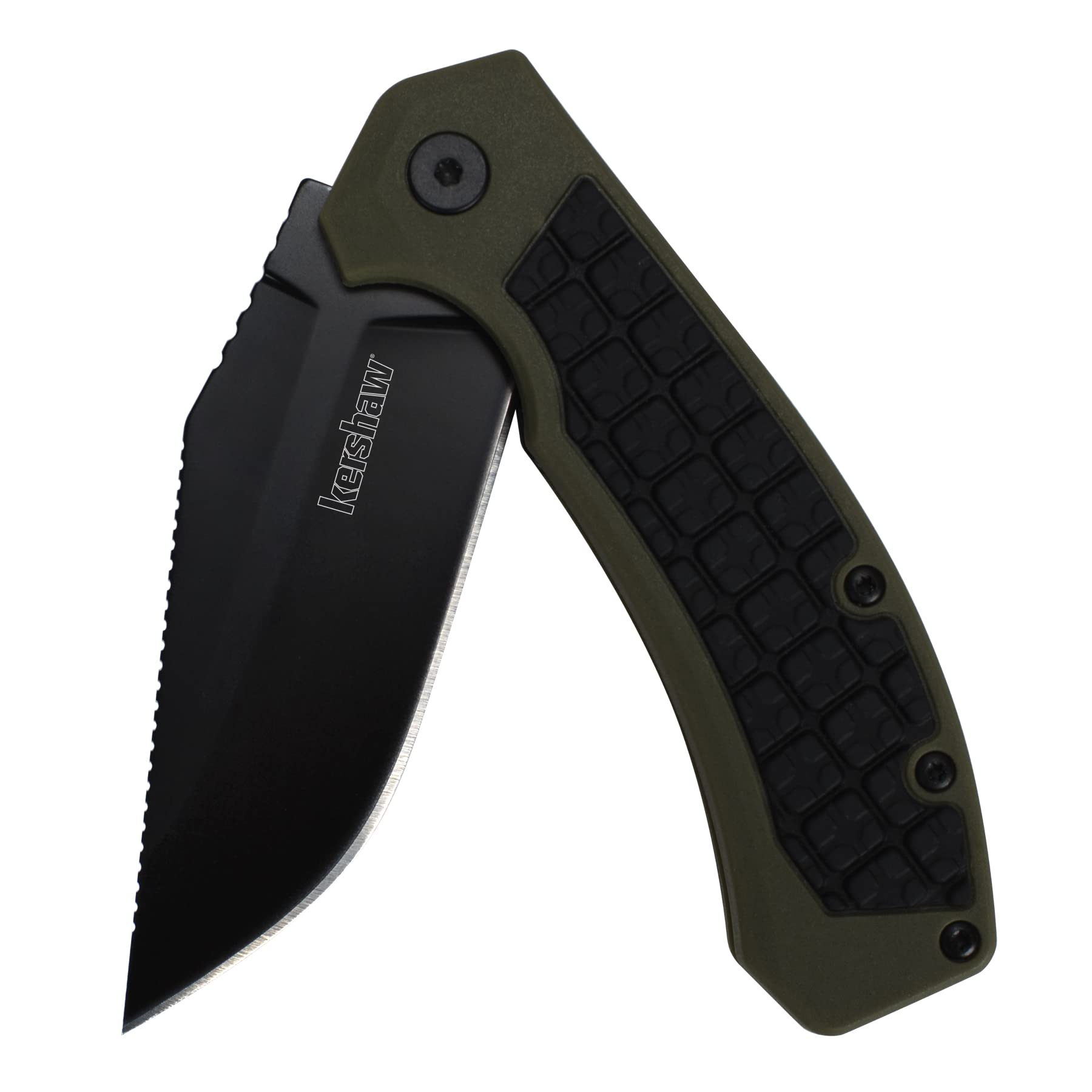Kershaw Pocketknife Faultine (8760); 3-Inch 8Cr13MoV Blade with KVT Manual Open, Black Oxide Coating and Rubber Overmold, Olive Handle, Pocketclip