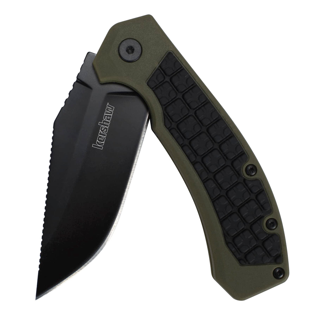 Kershaw Pocketknife Faultine (8760); 3-Inch 8Cr13MoV Blade with KVT Manual Open, Black Oxide Coating and Rubber Overmold, Olive Handle, Pocketclip