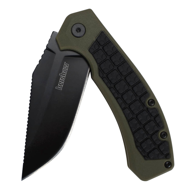 Kershaw Pocketknife Faultine (8760); 3-Inch 8Cr13MoV Blade with KVT Manual Open, Black Oxide Coating and Rubber Overmold, Olive Handle, Pocketclip
