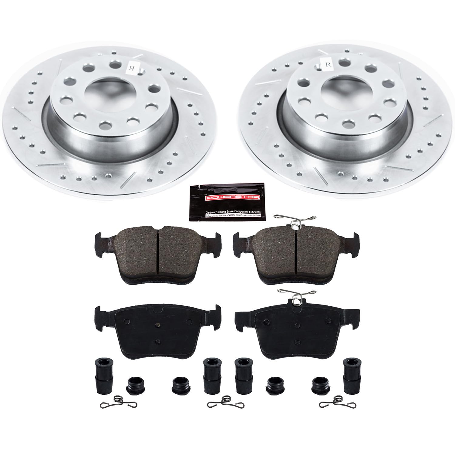 Rear Power Stop K7093 Z23 Carbon Fiber Brake Pads with Drilled & Slotted Brake Rotors Kit For Audi A3, Audi A3 Quattro, Audi A3 Sportback e-tron, VW Taos, VW e-Golf [Model Specific]