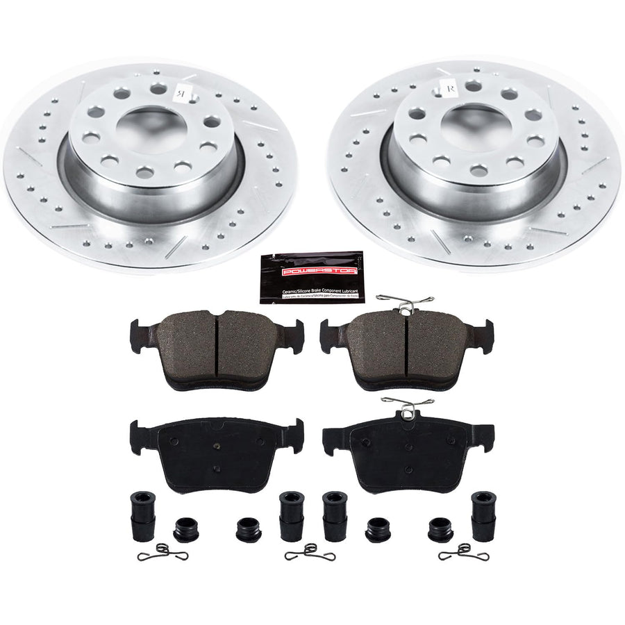 Rear Power Stop K7093 Z23 Carbon Fiber Brake Pads with Drilled & Slotted Brake Rotors Kit For Audi A3, Audi A3 Quattro, Audi A3 Sportback e-tron, VW Taos, VW e-Golf [Model Specific]