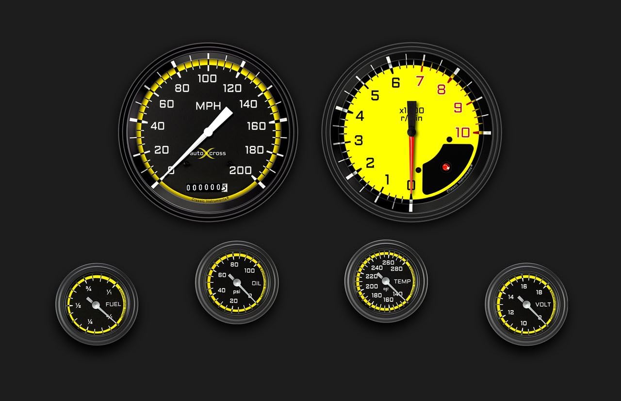 AX151YBLF Classic Instruments Autocross Yellow 2 1/8"" Full Sweep 6 Gauge Set - GM