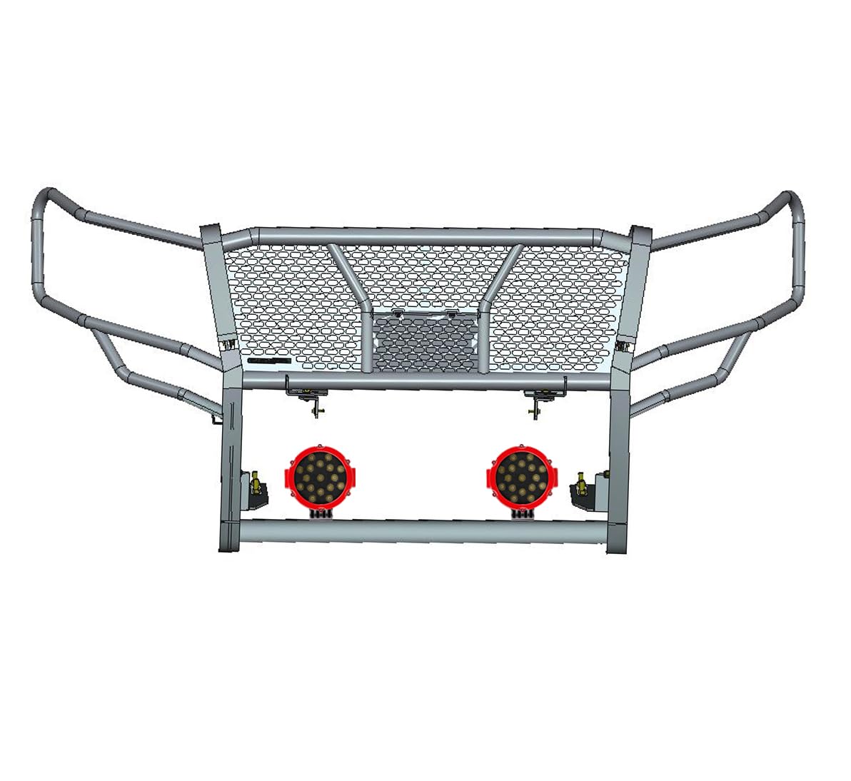 Rugged Black Horse Heavy Duty Grille Brush Bumper Guard Modular Come with Pair of 7.0" Dia.LED Lights with Red Trim Rings Compatible with 2018-2024 Ford Expedition-RU-FOEX18-B-PLR
