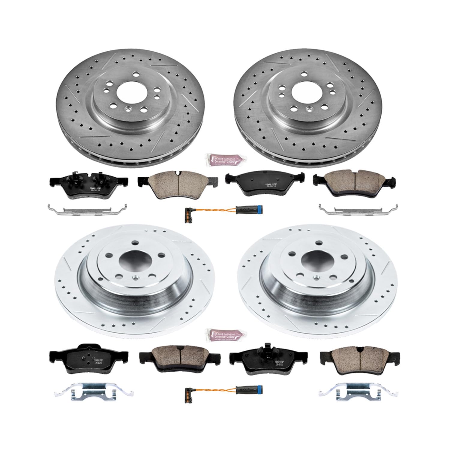 Power Stop K6710 Z23 Carbon Fiber Brake Pads Front and Rear with Drilled & Slotted Brake Rotors Kit and 1 Front & 1 Rear Sensor Wires For ML320, ML350, ML450, ML500, R320, R350, R500 [Model Specific]