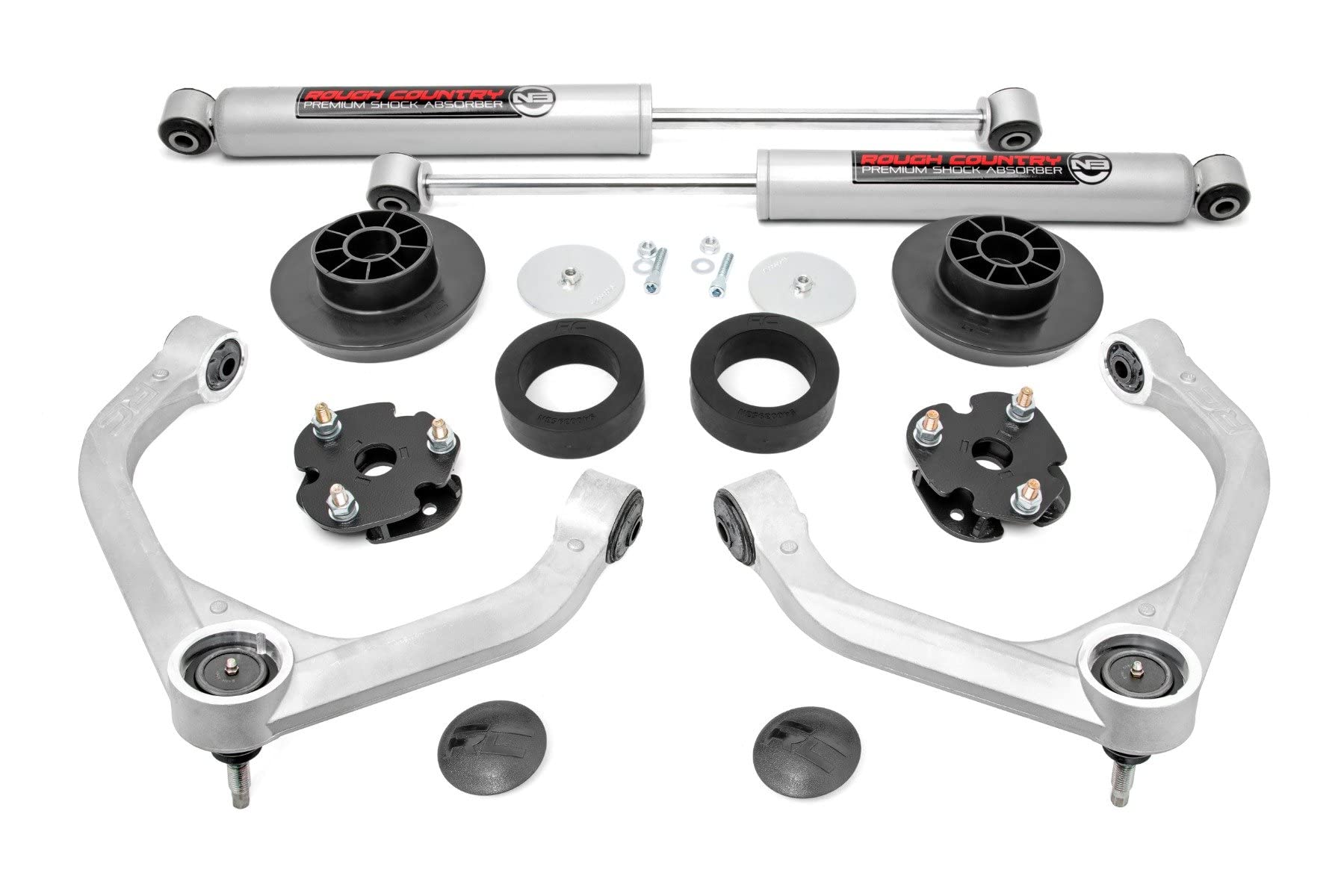 3" Rough Country Suspension Lift Kit with Strut Spacers & N3 Rear Shocks for Ram 1500 4WD (2012-2018) - Silver Upper Control Arms
