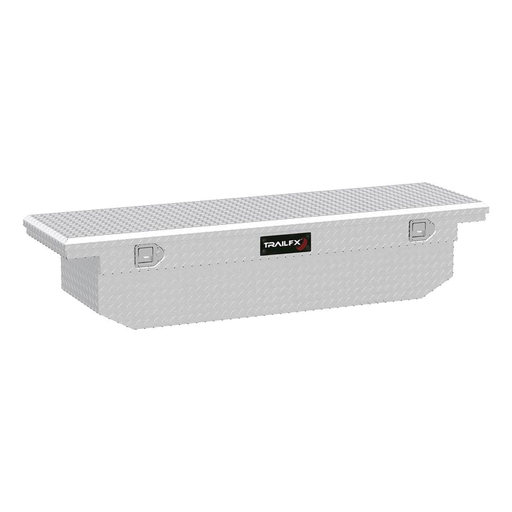 TrailFX Crossover Tool Box Low Profile Single Lid With Struts Diamond Tread Bright Polished 16 Gauge Aluminum 8.4 Cubic Foot Capacity With Plastic Tray TrailFX 120701