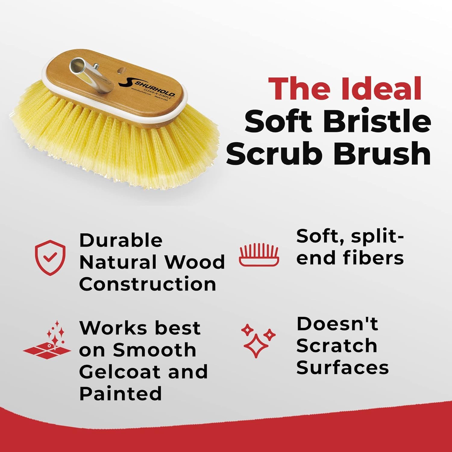 Classic Shurhold 6" Soft Bristle Boat Deck Brush, Safe for Use on Gelcoat, Fiberglass and Painted Surfaces, Attachable to Any Handle