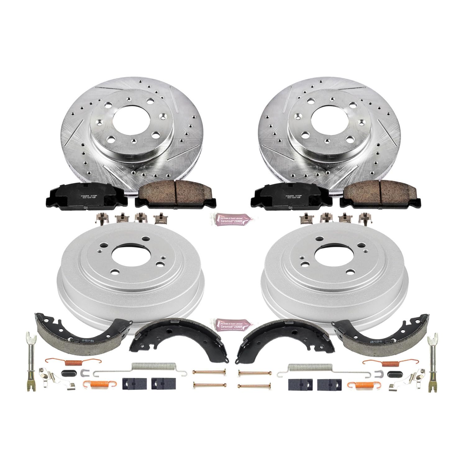 Power Stop K15085DK Z23 Carbon Fiber Brake Pads Front and Rear with Drilled & Slotted Brake Drums Kit For Honda Civic 1996-2000 [Model Specific]