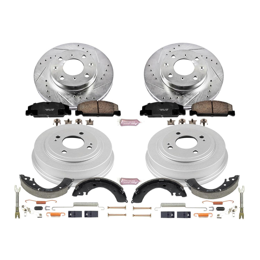 Power Stop K15085DK Z23 Carbon Fiber Brake Pads Front and Rear with Drilled & Slotted Brake Drums Kit For Honda Civic 1996-2000 [Model Specific]