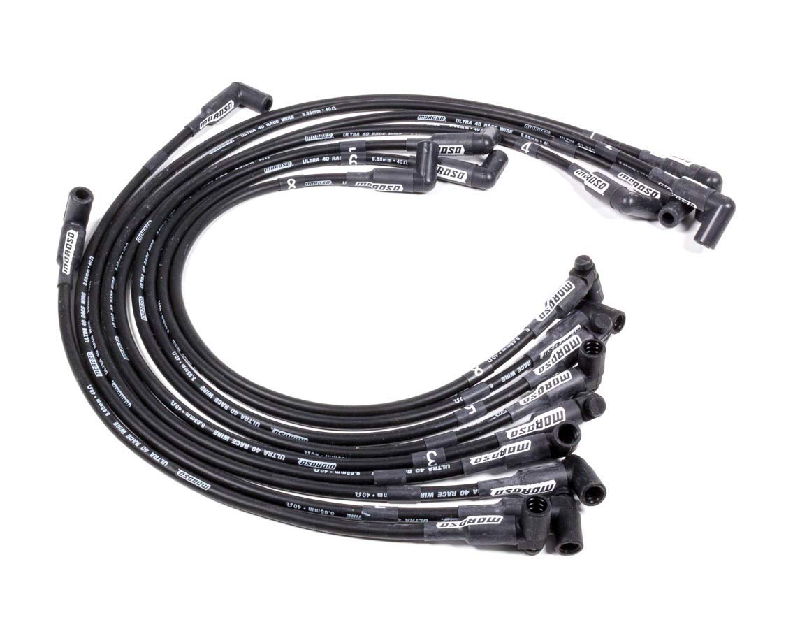 Moroso Ultra 40 Spark Plug Wire Set, Spiral Core, 8.65 mm, Black, 90 Degree Plug Boots, HEI Style Terminal, Sprint Car, V8, Kit