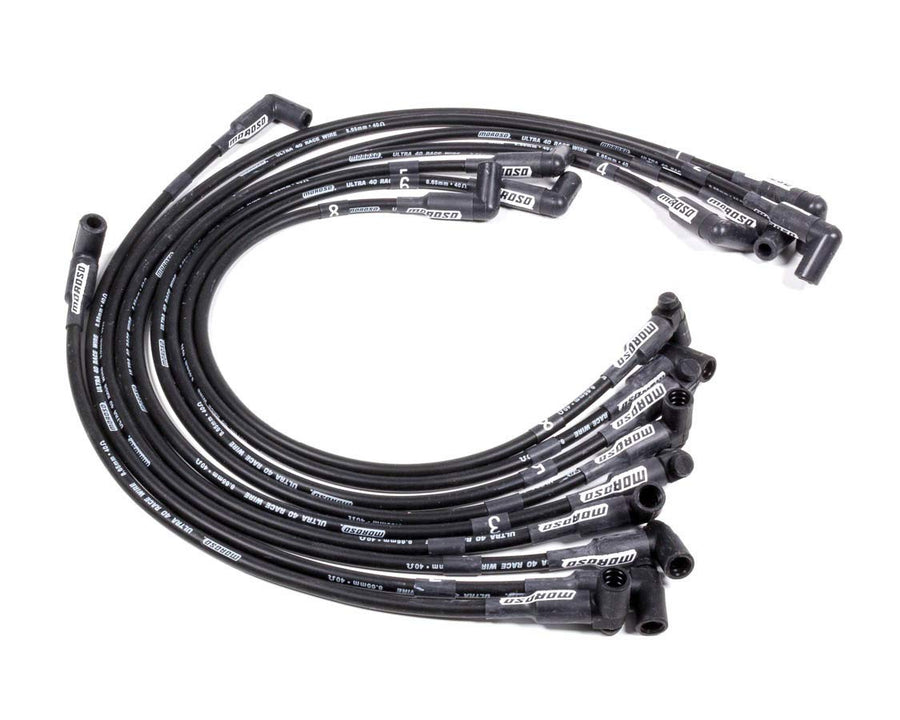 Moroso Ultra 40 Spark Plug Wire Set, Spiral Core, 8.65 mm, Black, 90 Degree Plug Boots, HEI Style Terminal, Sprint Car, V8, Kit