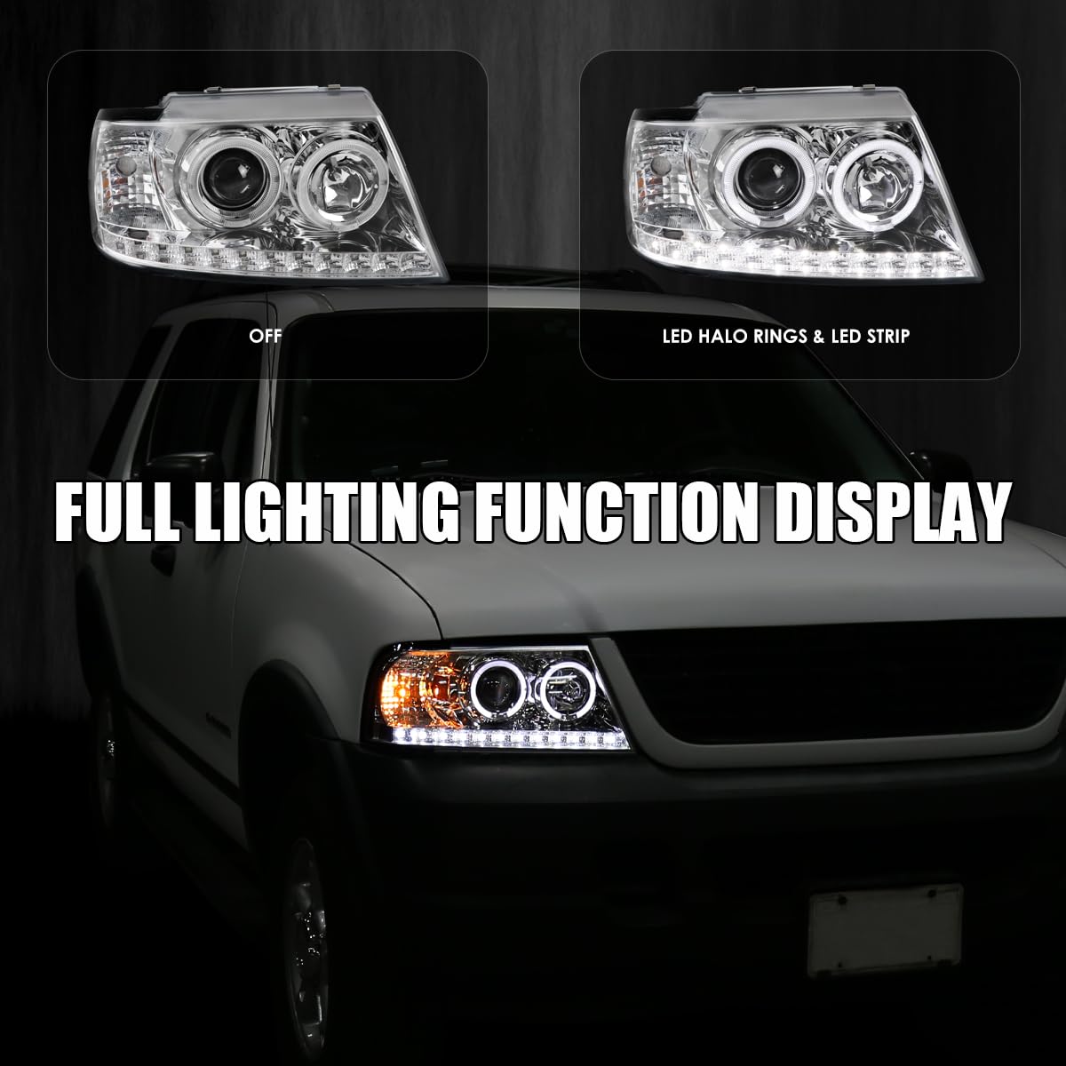Chrome LED Halo Projector Headlights SPEC-D TUNING Compatible with 2002-2005 Ford Explorer, Left + Right Pair Headlamps Assembly