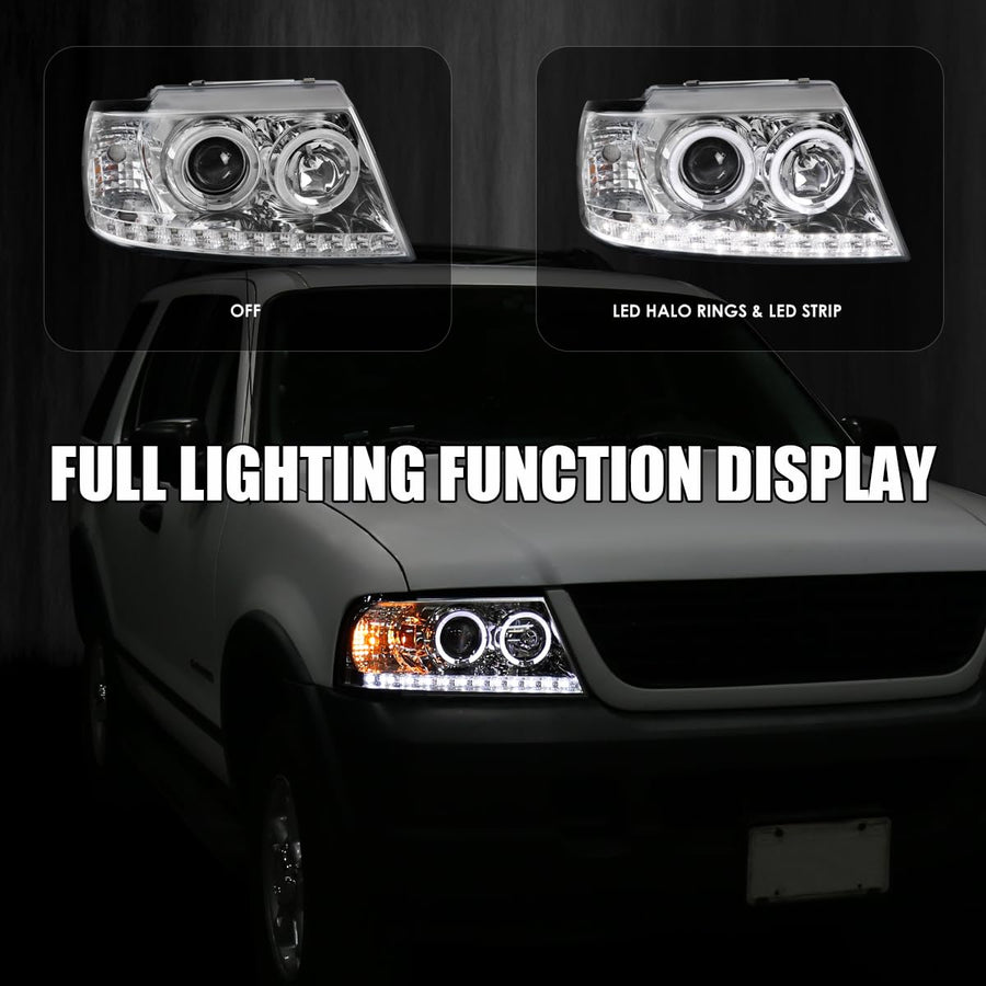 Chrome LED Halo Projector Headlights SPEC-D TUNING Compatible with 2002-2005 Ford Explorer, Left + Right Pair Headlamps Assembly