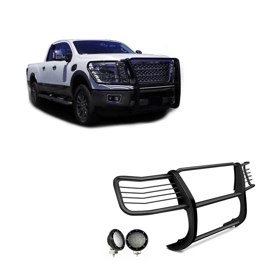 Bumper Guard Modular Black Black Horse Grille Brush Come with Pair of 5.3" Dia.LED Lights with Black Trim Rings Compatible with 2016-204 Nissan Titan XD-17NR28MA-PLFB