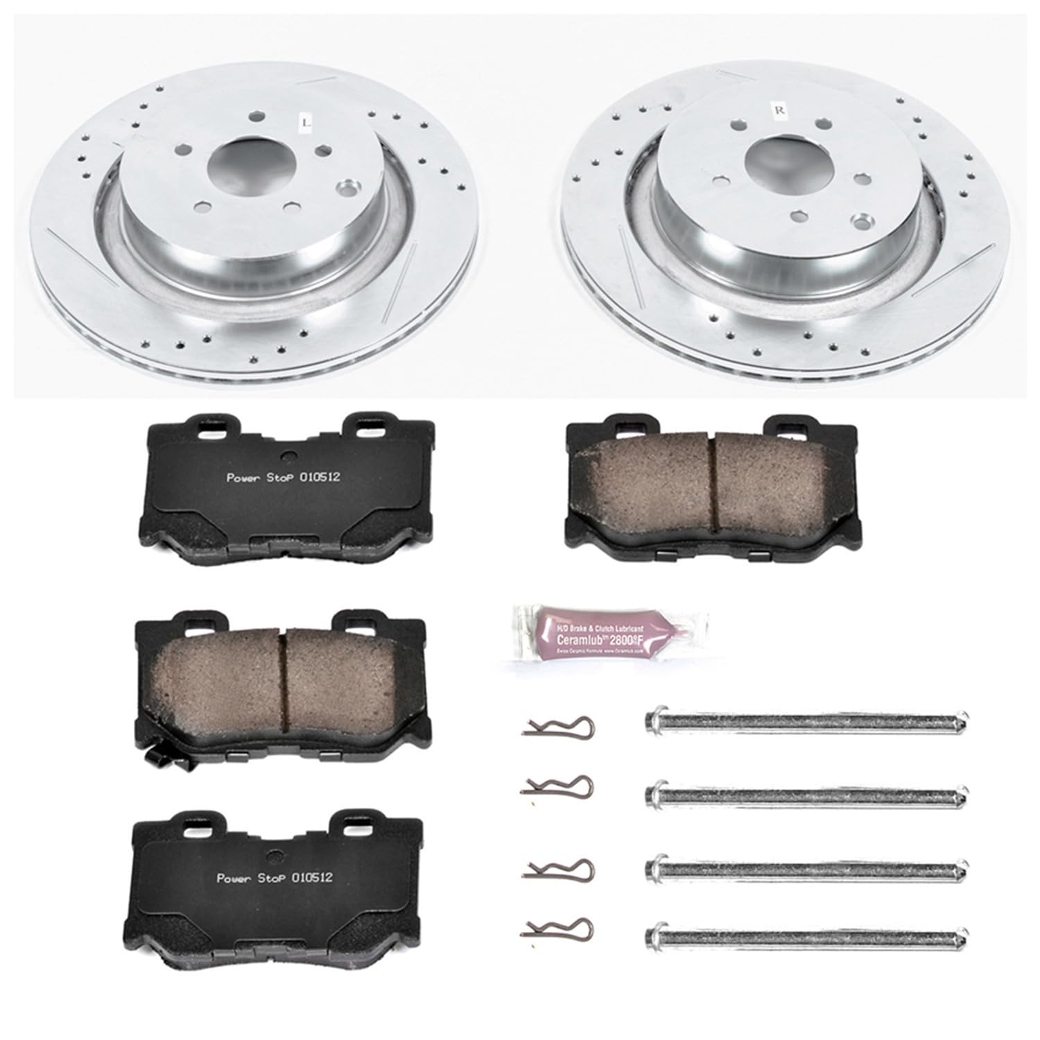 Power Stop K5861 Z23 Carbon Fiber Brake Pads Rear with Drilled & Slotted Brake Rotors Kit For FX50, M, M37, M56, Q50, Q60, Q70, Q70L, [Model Specific]