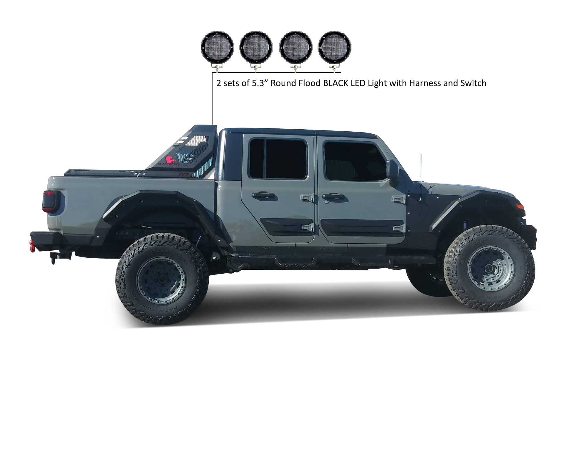 Vigor Black Horse Roll Bar Incl. Set of 5.3" Dia.LED Lights w/Black Trim Rings Modular Compatible with 2020-2024 Jeep Gladiator-VIRB09B-PLFB
