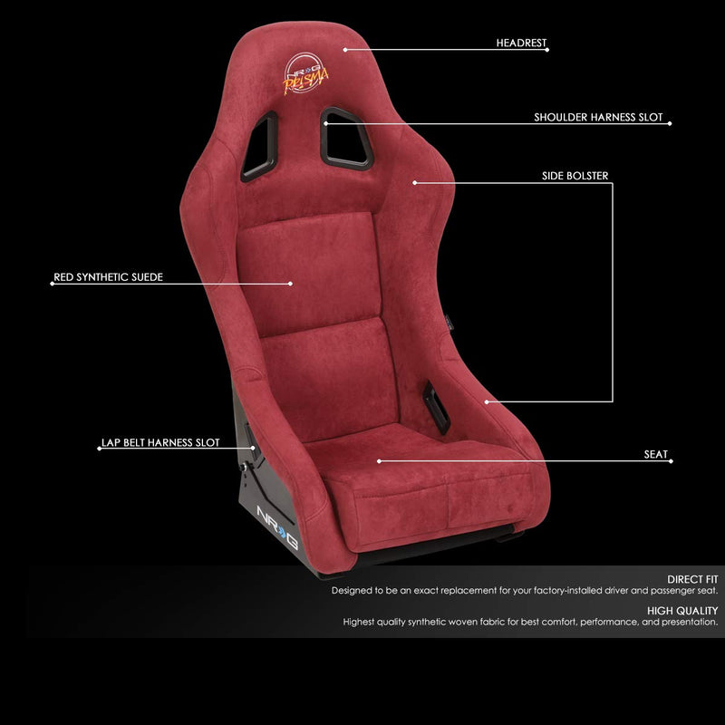 NRG Innovations Universal Fixed Back NRG-FRP-303MAR-PRISMA Bucket Racing Seat for 5-Point Harnesses, Size M, Maroon Alcantara Material, 22" W X 34" H X 16" D