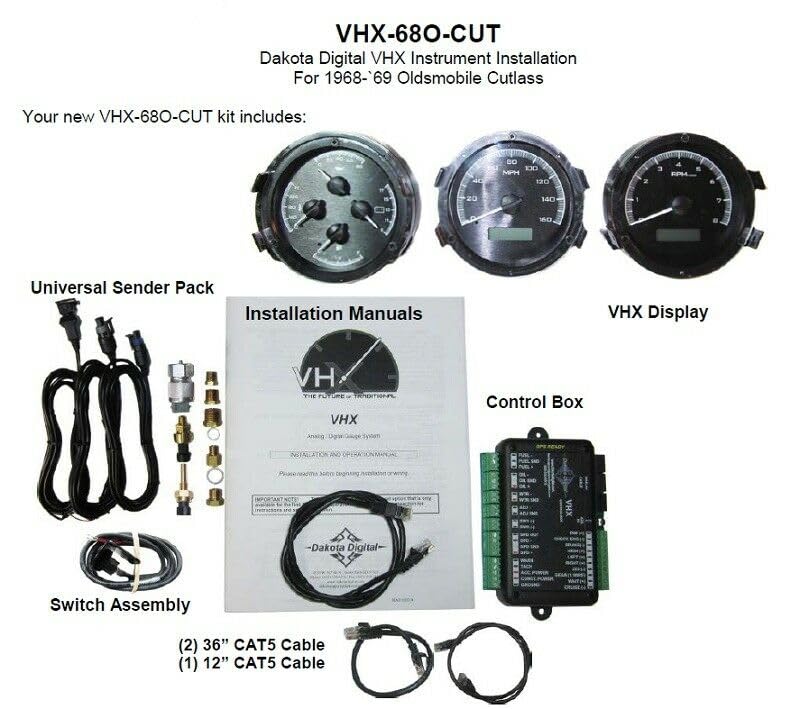Dakota Digital VHX Analog Gauge System Black Alloy White Backlighting Compatible with 1968 Oldsmobile Cutlass, F-85 and 444 VHX-68O-CUT-K-W