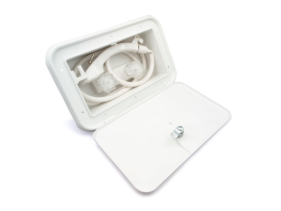B&B Molders, Exterior Shower Box 94195 – Polar White, Self-Contained RV Hatch with Leak-Resistant Curved Shower Head, UV-Stable & Impact-Resistant, OEM Replacement – Made in USA
