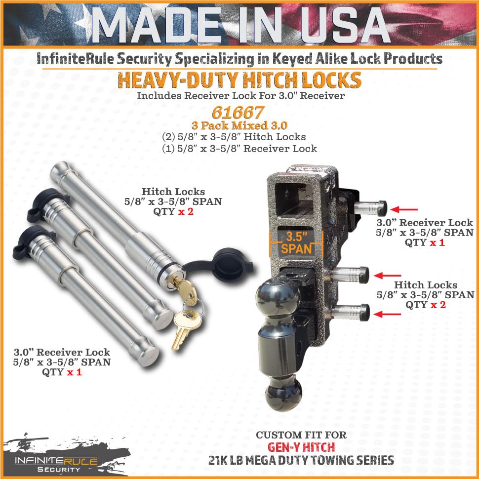 3 Pack Mixed 3.0, Keyed Alike, Hitch Locks for Mega Duty Gen-Y 21K LB Series - Includes Lock for 3.0" Receiver
