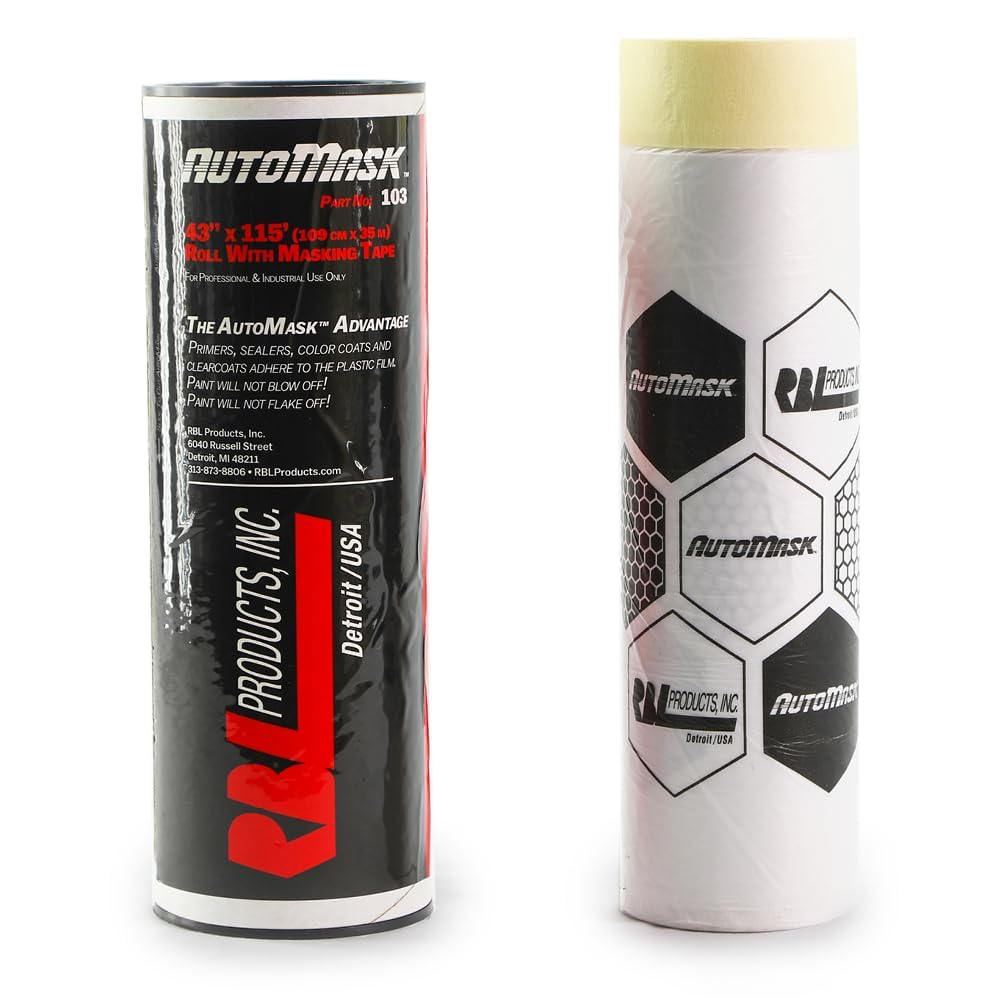 43" x 115' AutoMask Roll-On Dispenser – Pre-Taped, Lint-Free, Waterproof & Heat-Resistant Paint Masking Film for Automotive & Industrial Use