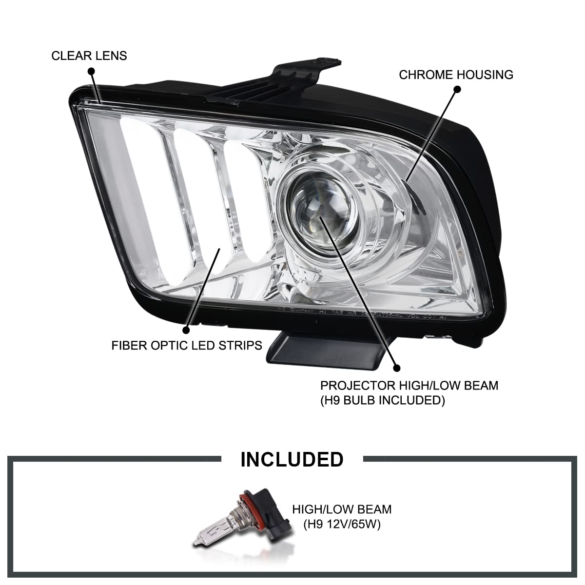 Chrome Projector Headlights SPEC-D TUNING Compatible with 2005-2009 Ford Mustang, Left + Right Pair Headlamps Assembly
