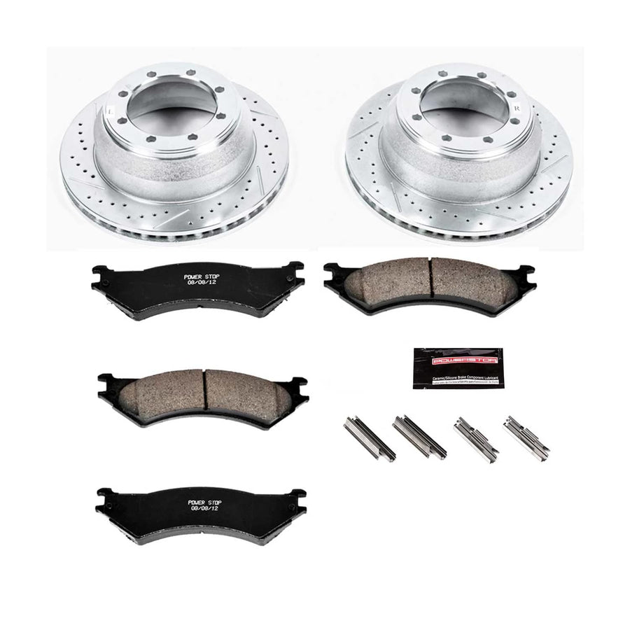 Power Stop K5204 Z23 Carbon Fiber Brake Pads Rear with Drilled & Slotted Brake Rotors Kit For E-350 Club Wagon, E-350 Econoline Club Wagon, E-350 Super Duty, F-150 [Model Specific]