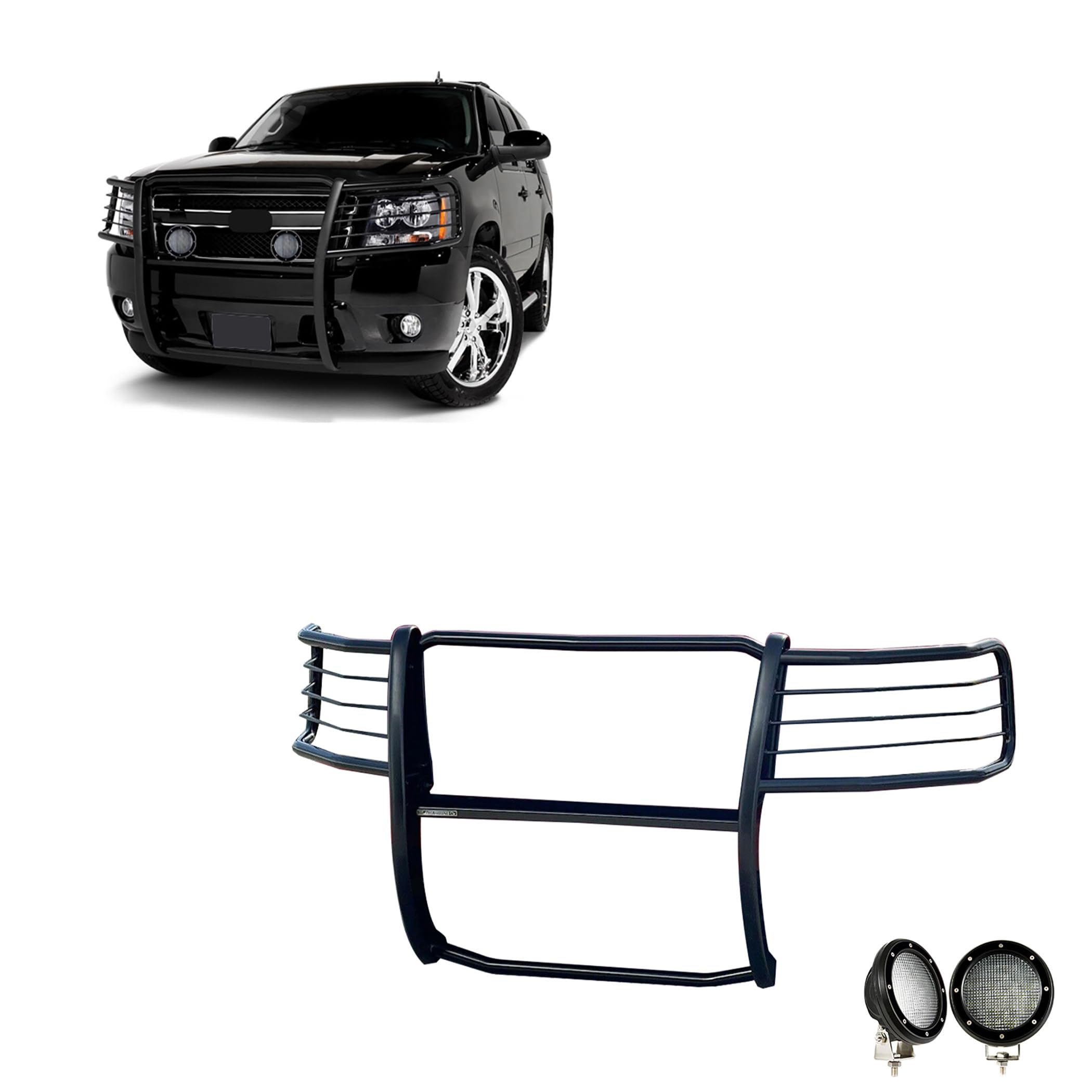 Grille Brush Black Horse Bumper Guard Modular Black Come with Pair of 5.3" LED Lights with Black Trim Rings Compatible with 2007-2013 Avalanche|2007-2014 Suburban 1500/Tahoe-17A037400MA-PLFB