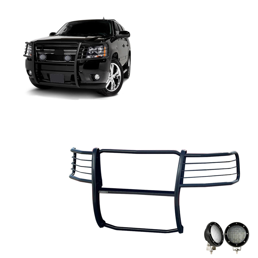 Grille Brush Black Horse Bumper Guard Modular Black Come with Pair of 5.3" LED Lights with Black Trim Rings Compatible with 2007-2013 Avalanche|2007-2014 Suburban 1500/Tahoe-17A037400MA-PLFB