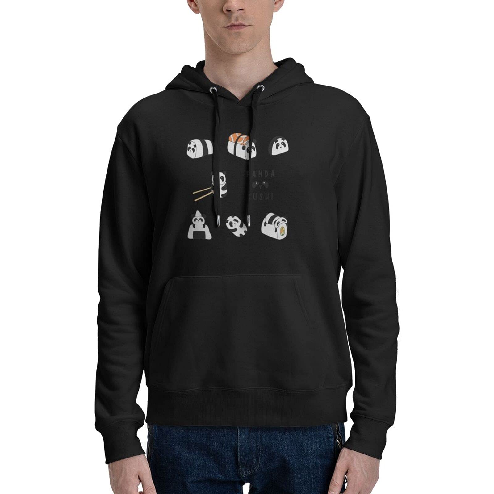 Sushi Panda Banzie Personalized 3D Printing Cartoon Hoodie Fleece Round Tie Pocket Pullover Sweater Fall Winter Pullover Thickening, Black, Small