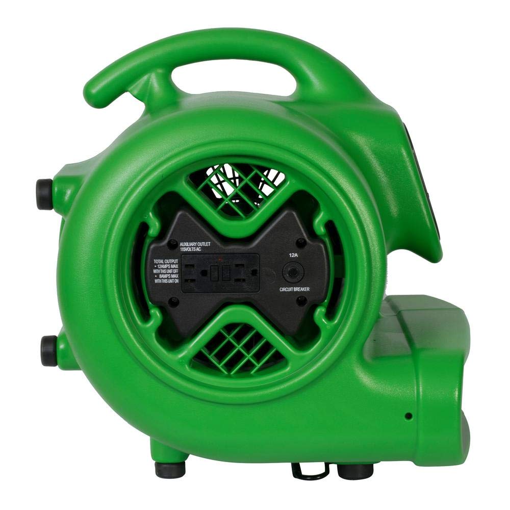 XPOWER 1/3 HP X-600A 2400 CFM 3 Speed Air Mover, Carpet Dryer, Floor Fan, Blower with Build-in GFCI Power Outlets - Green