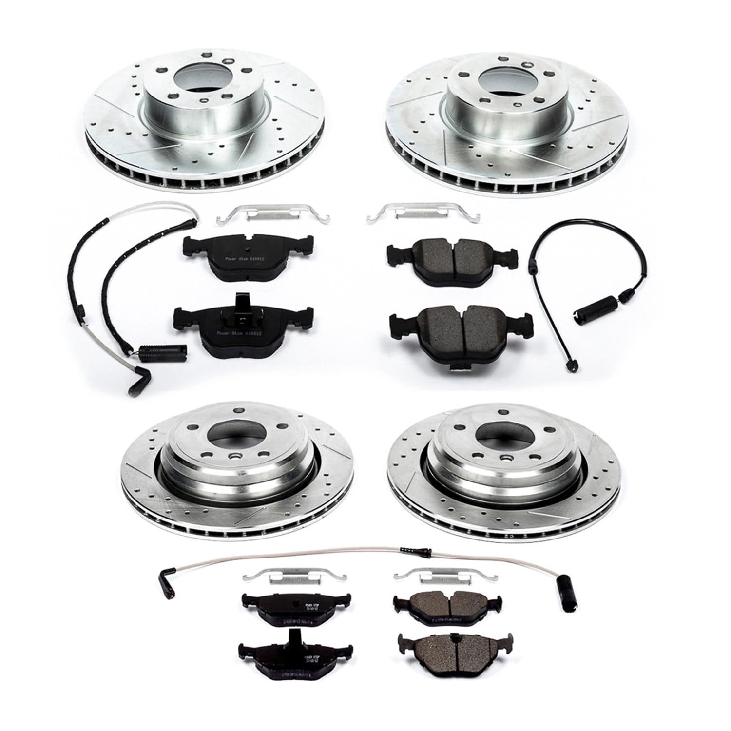 Power Stop K505 Z23 Carbon Fiber Brake Pads Front and Rear with Drilled & Slotted Brake Rotors Kit and 1 Front & 1 Rear Sensor Wires For BMW 540i 1997-2000 [Model Specific]