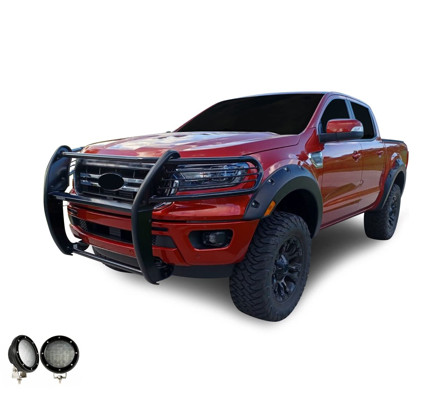 Bumper Guard Black Horse Grille Brush Modular Black Come with Pair of 5.3" Dia.LED Lights with Black Trim Rings Compatible with 2019-2023 Ford Ranger-17FP10MA-PLFB