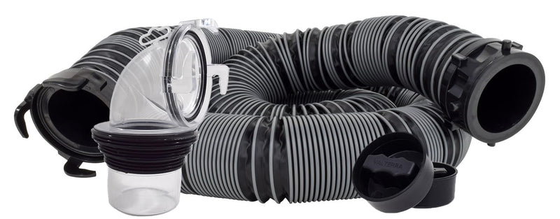 15-Foot Valterra Silverback™ RV Sewer Hose Kit, Universal Sewer Hose for Camper, Includes 15-Foot Hose with Rotating Fittings, 90 Degree ClearView Sewer Adapter and 2 Drip Caps