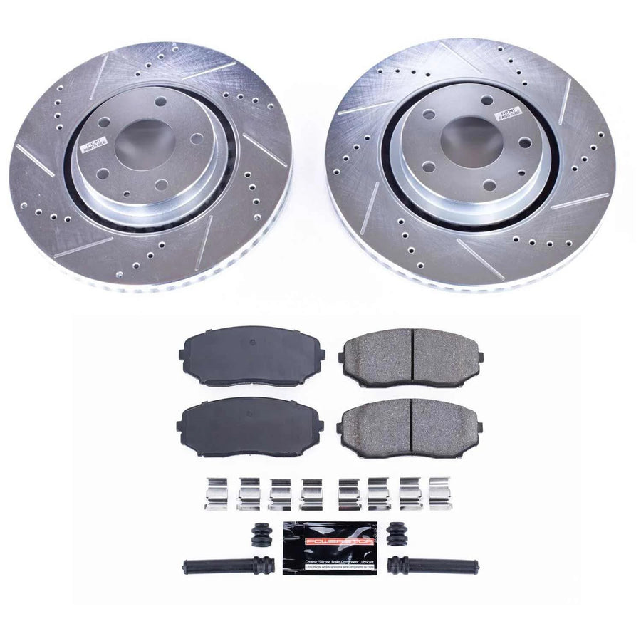 Power Stop K7690 Carbon-Fiber Ceramic Brake Pads and Drilled and Slotted Rotors Kit Front Daily Driver