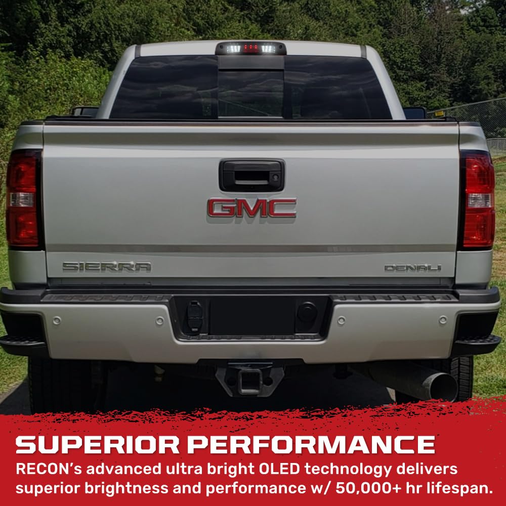 RECON - Fits 14-19 Silverado & Sierra (3rd GEN) 1500, 2500, 3500 Red LED 3rd Brake Light Kit with White LED Cargo Lights with Smoked Lens