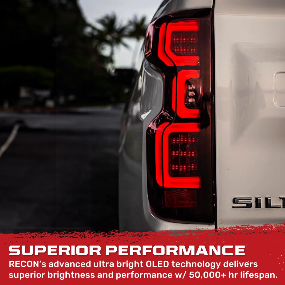 RECON - Fits 19-25 Silverado 1500 & 20-23 2500/3500 OLED Premium Tail Lights Ultra Bright Running Lights (Replaces Factory/OEM LED Tail Lights Only) Dark Smoked Red Lens