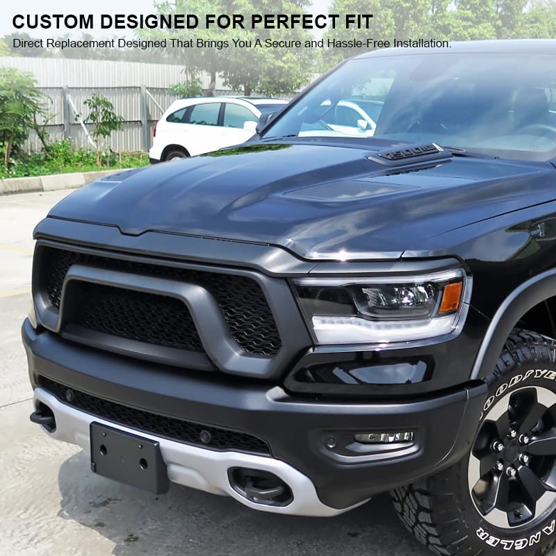 Matte Black Mesh Hood Front Grille Spec-D Tuning Compatible with 2019-2024 Ram 1500