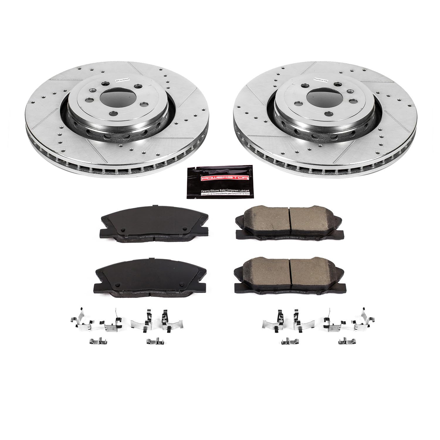 Power Stop K7050 Z23 Carbon Fiber Brake Pads Front with Drilled & Slotted Brake Rotors Kit For Dodge Charger 2014-2023 [Model Specific]